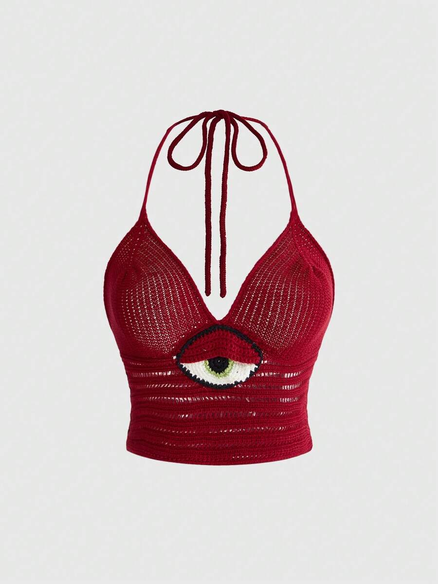 ROMWE Goth Women's Eye Pattern Tie-Neck Sexy Versatile Knit Top For Dating & Outings - Burgundy - View 1