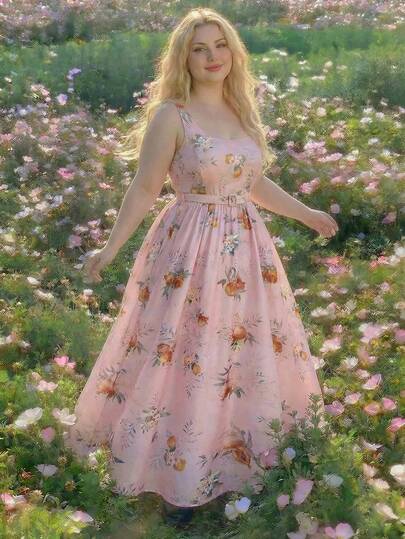 SHEIN MOD Plus Size Elegant Floral & Fruit Print Sleeveless Dress, Summer,Pink Lightweight Polyester Midi Dress Floral Print Square Neck Sleeveless Belted Waist A Line Flowy Soft Romantic Style Spring Summer Holiday Travel Vacation Casual Outing Garden Walk Daily Wear