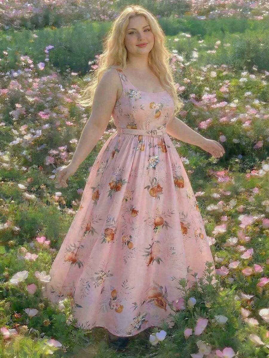 SHEIN MOD Đầm không tay cỡ lớn thanh lịch in hoa và trái cây, thích hợp cho mùa hè.