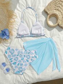 SHEIN Bộ bikini ba mảnh dễ thương thời trang cho bé gái tuổi teen, in hình vỏ sò màu xanh dương, kiểu cổ yếm, thân thiện với da và nhanh khô, phù hợp cho bé gái cỡ trung bình và lớn, kèm theo lưới chống nắng. Một bộ trang phục mùa hè tươi mát cho các bé gái mặc ở bãi biển, hồ bơi hoặc trong kỳ nghỉ. Bộ đồ bơi hai mảnh cho tuổi teen, bộ đồ phối hợp cho bé gái, trang phục mùa hè cho bé gái, đồ bơi đi biển, đồ bơi kỳ nghỉ hè cho bé gái, bộ hai mảnh mùa hè, bộ đồ ngủ cho bé gái, bộ đồ hè cho phụ nữ. - Màu xanh bạc hà - Xem 2