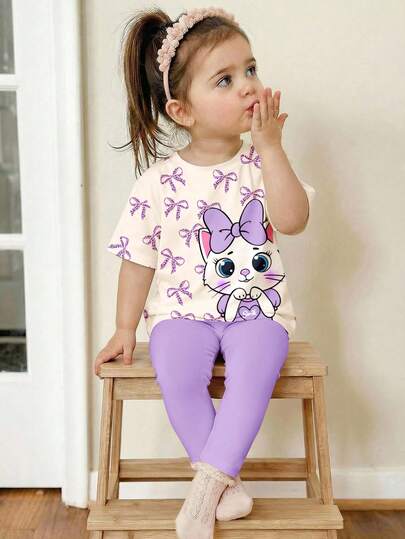 Cream White & Cream Purple, Cute Cat Animal Print, Baby Girl Casual Minimalist Soft Round Neck Loose Short Sleeve T-Shirt And Leggings Set, Suitable For Spring/Summer Daily, Street Style, Outings, Home, Vacation, Homecoming, Back To School