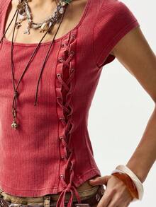 Bohemela Áo thun nữ tay ngắn cổ tròn màu trơn, dáng ôm, chất liệu vải mài, thích hợp mặc thường ngày. - Đỏ - Xem 8