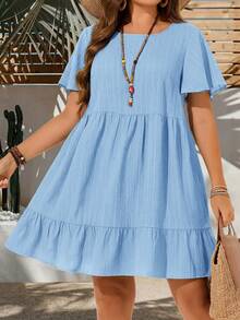 EMERY ROSE 大码度假休闲纯色短袖连衣裙，女士夏季服装，复活节连衣裙，波西米亚风，锐舞派对服装，复活节曲线身材服装，乡村音乐会服装 - 淺藍色 - 查看 3