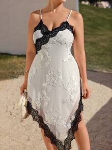 Elenzga 大码女士性感蕾丝拼接V领花卉亮片不对称下摆吊带连衣裙 - 彩色 - 查看 8