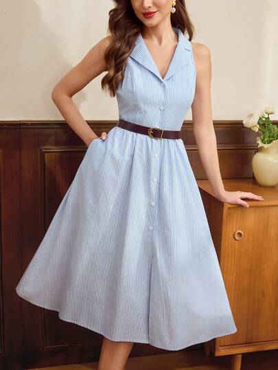 Vintamour Vestido de verano de longitud media con botones frontales y sin mangas, con diseño de rayas, elegante y vintage para mujeres. Atuendos de verano, vestidos de verano, vestido de Pascua, atuendos de primavera, vestidos de primavera, ropa de verano, atuendos de vacaciones, vestidos de mujer para vacaciones, vestidos de verano, vestidos de sol elegantes, vestidos de festival, atuendos de festival para mujeres, vestidos elegantes para mujeres, vestido amarillo, vestidos casuales de verano para mujeres