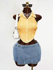 Mistrie Spring And Summer Back Tie Bow-Knot Casual Design Sense Shirt - Yellow - View 4