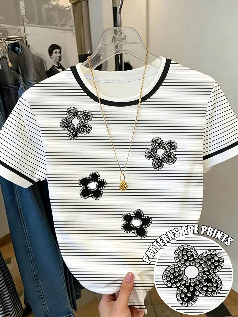 Resyla Women's Round Neck Striped Floral Print Rhinestone Decor Fashionable Versatile Vacation T-Shirt - Multicolor - View 1