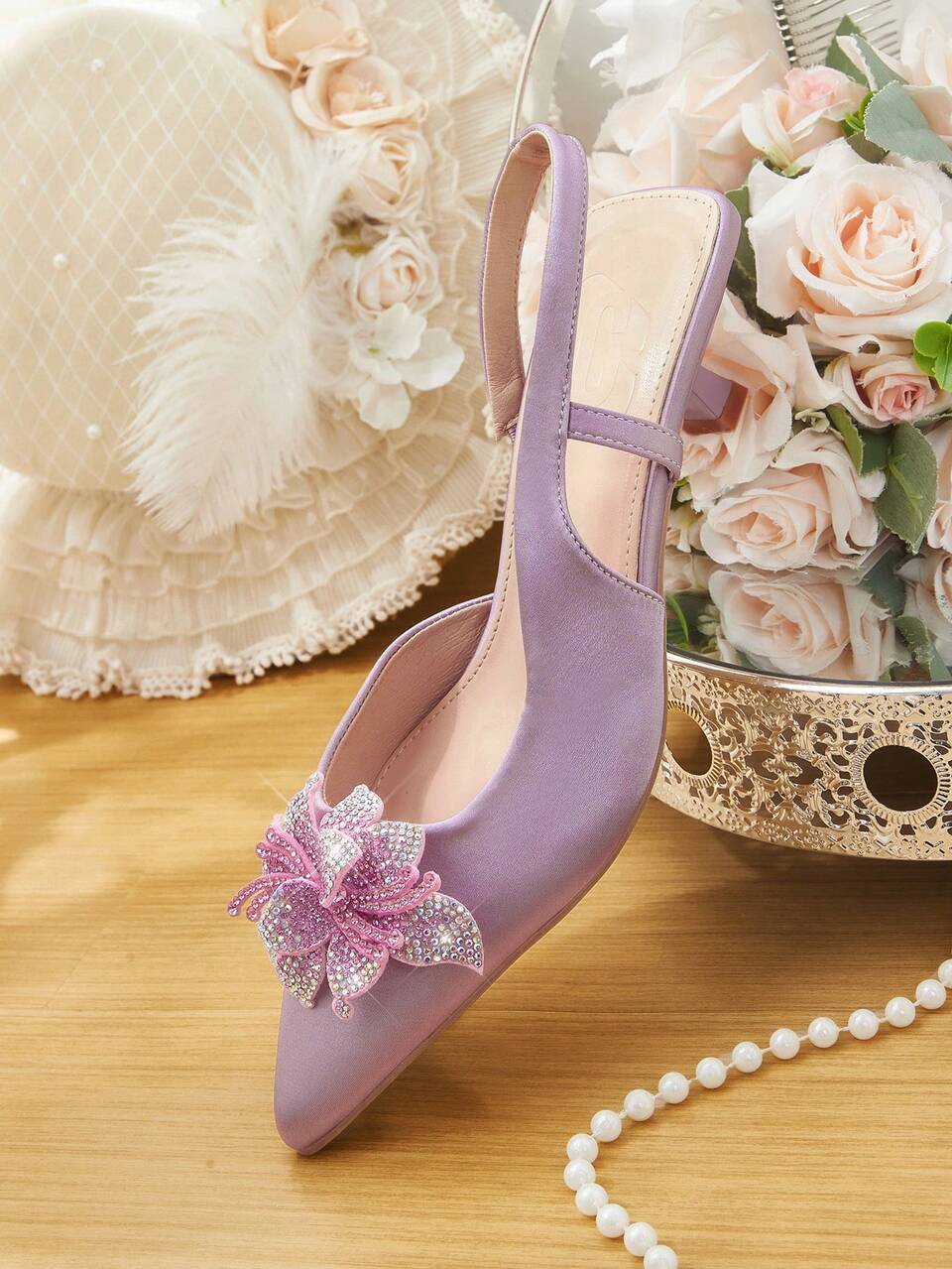 CUCCOO HITCHD Women's Pointed Toe Kitten Heel Rhinestone Floral Satin Comfortable Elegant Pumps, Suitable For Spring/Summer, Weddings, Parties, Formal Occasions