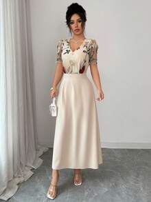 Elenzga 女士优雅休闲拼接刺绣网纱玫瑰褶皱腰部喇叭下摆短袖连衣裙，杏色，适合夏季郊游、约会、新年、情人节、复活节、母亲节、音乐节、中东婚礼等场合。 - 杏色 - 查看 3