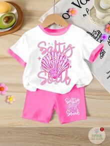 2件套女童休闲甜美海滩度假风套装，短袖T恤和紧身短裤，粉色T恤和裤子上印有英文文字、珍珠蝴蝶结和贝壳图案，适合春夏穿着，4-7岁儿童。 - 白色 - 查看 2