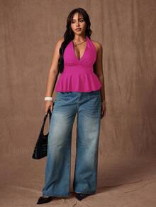Rustia Plus Size Women Summer Casual Backless Halter Neck Top - Watermelon Pink - View 4