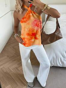 SHEIN EZwear Top feminino frente única com estampa floral de hibisco laranja, estilo casual minimalista para férias na primavera e verão, cruzeiro na praia, boho, faroeste, festival, garota da ilha, vintage, praia, romântico, com vibe de férias, férias de primavera, fofo, para casa, delicado, para garota clean, festival de música, show, casamento, convidada, viagem à cidade, elegante para as férias. - Multicolorido - Ver 3