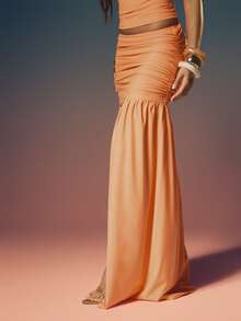 MISSGUIDED Women's Ruched Bodycon Maxi Skirt With Asymmetric Long Hem Detail And Side Split For Evening Party Occasions - Orange - View 6