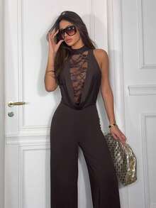 Ronhire 女士优雅派对蕾丝拼接露背连体裤 - 咖啡棕 - 查看 4