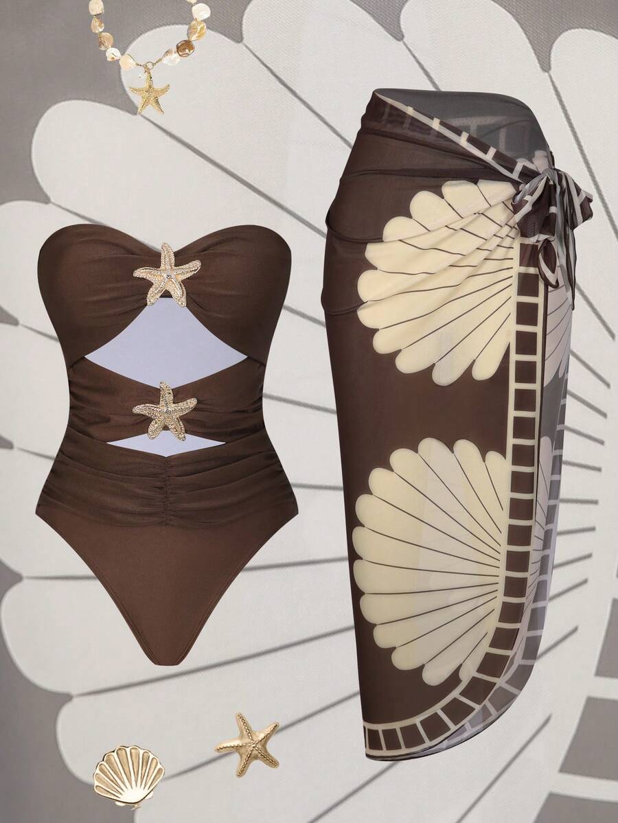 Swim Oasis 女士性感镂空拼接彩色海洋金属装饰连体泳衣，搭配渐变色网纱裙沙滩套装，春夏款 - 咖啡棕 - 查看 1