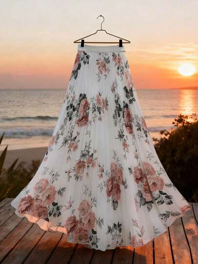 GlowEve Chân váy hè thanh lịch dành cho nữ, chất liệu dệt in họa tiết, xếp ly, thích hợp cho kỳ nghỉ.