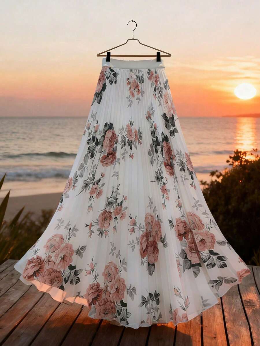GlowEve Chân váy hè thanh lịch dành cho nữ, chất liệu dệt in họa tiết, xếp ly, thích hợp cho kỳ nghỉ. - trắng - Xem 1