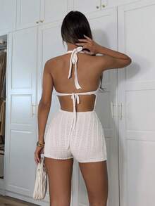 Ronhire 女式渐变针织深 V 露背连体衣，性感时尚合身，适合派对、约会、下午茶、波西米亚风度假、海滩 - 白色 - 查看 2