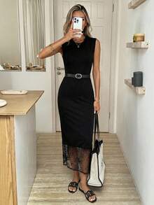 Easowa 圆领无袖蕾丝拼接腰身鱼尾休闲宽松优雅通勤复古度假中长连衣裙，春夏优雅连衣裙，蕾丝边连衣裙，女士职业装，黑色连衣裙，修身长裙，女士优雅连衣裙，铅笔裙，优雅女士连衣裙，正式场合穿着，高品质连衣裙 - 黑色 - 查看 1