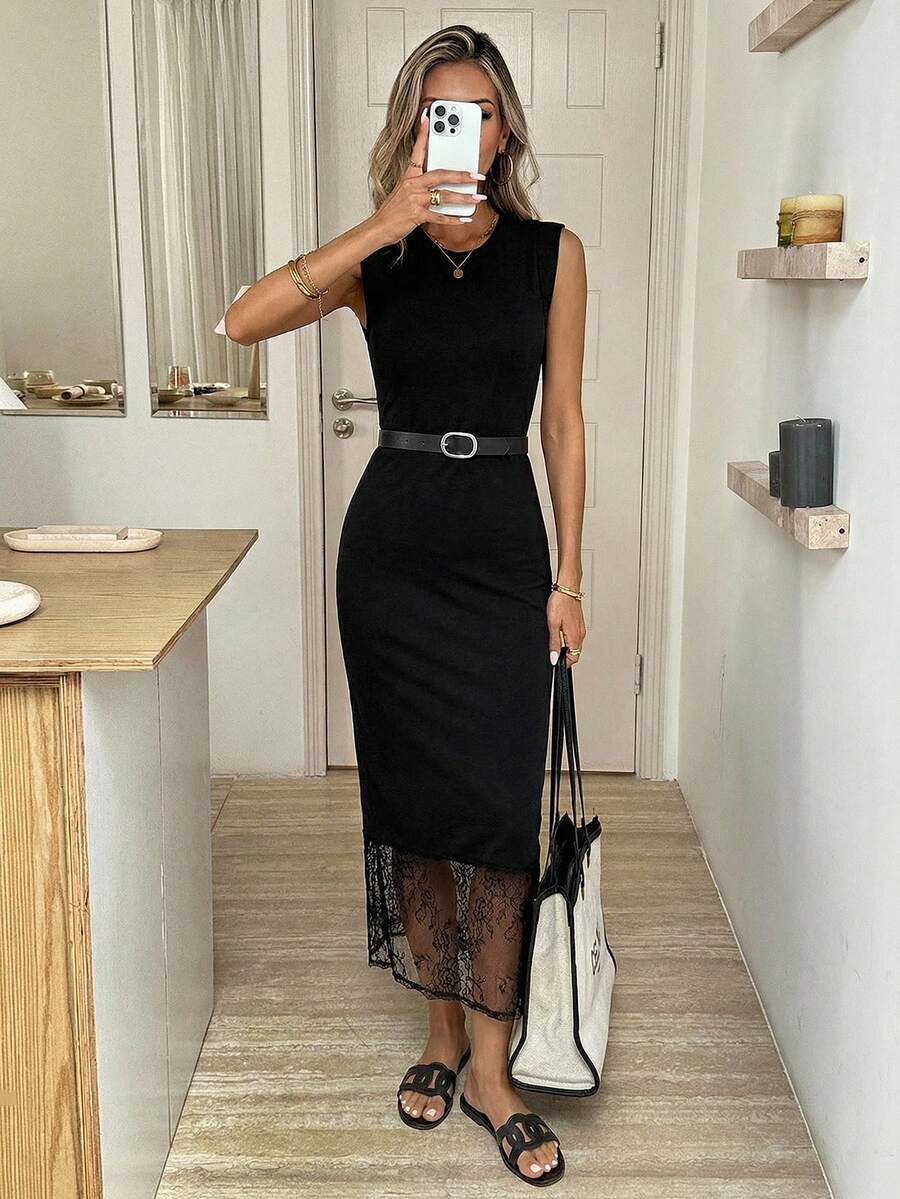 Easowa 圆领无袖蕾丝拼接腰身鱼尾休闲宽松优雅通勤复古度假中长连衣裙，春夏优雅连衣裙，蕾丝边连衣裙，女士职业装，黑色连衣裙，修身长裙，女士优雅连衣裙，铅笔裙，优雅女士连衣裙，正式场合穿着，高品质连衣裙 - 黑色 - 查看 1