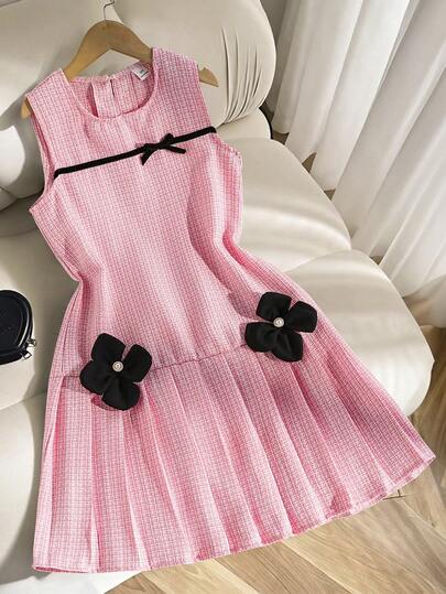 ChillGRL 少女圆领蝴蝶结3D花朵装饰休闲派对连衣裙