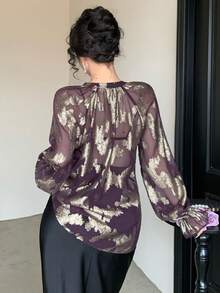 DAZY 女士优雅印花系带腰身衬衫，春夏款 - 黑色 - 查看 2