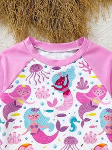 SHEIN 2pcs/Set Young Girl Casual Knit Crew Neck Long Sleeve Top And Triangle Swim Shorts Set - Blue - View 4