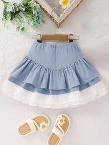 Young Girls Woven Solid Color Cross Straps Layered Cake Pressed Lace Trim Short Skirt,Back To School,Casual And Versatile, Ladylike, Sweet And Cool Girl,Young Girl Clothes, , Pairing White Shirt,Long Sleeve Tops,Cute Skirts,Back To School Season,Mom And Daughter & Sisters  Matching. Skirt With Leggings Girls Blue Kids 2 Piece Skirts 2piece For Girls Short Skirt Girl Light Blue Skirt Dusky Blue Skirts Girl,Kids - Baby Blue - View 2