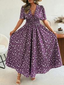 Ceyna 大码女装新款浪漫优雅碎花短袖连衣裙，夏季度假连衣裙，侧开衩，梭织印花长裙，女士度假连衣裙，紫色碎花连衣裙，女士梅子色连衣裙，紫色夏季连衣裙，紫罗兰色连衣裙，女士紫色碎花连衣裙，紫色吊带裙，淡紫色连衣裙，女士连衣裙，女士夏季连衣裙，女士连衣裙，女士裹身裙，女士复古连衣裙，女士连衣裙缝纫图样，女士波西米亚风服装，女士波西米亚风长款休闲连衣裙 - 紫色 - 查看 9