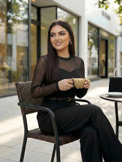 SHEIN Lady CURVE Plus Size Fashionable Commuter Mesh Patchwork Fitted Long Sleeve T-Shirt Elegant Women's Blouses Summer Tops Party Top Elegant Blouses For Ladies Summer Clothes Valentine Clothes  Valentine's Day Valentine Outfits For Women Black Top