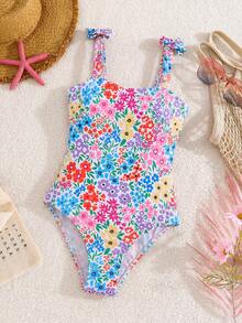 Emery Rose Kids Tween Girl Ditsy Floral Print Knit Casual One-Piece Swimsuit Ls Spaghetti Strap,Spring/Summer - Multicolor - View 4