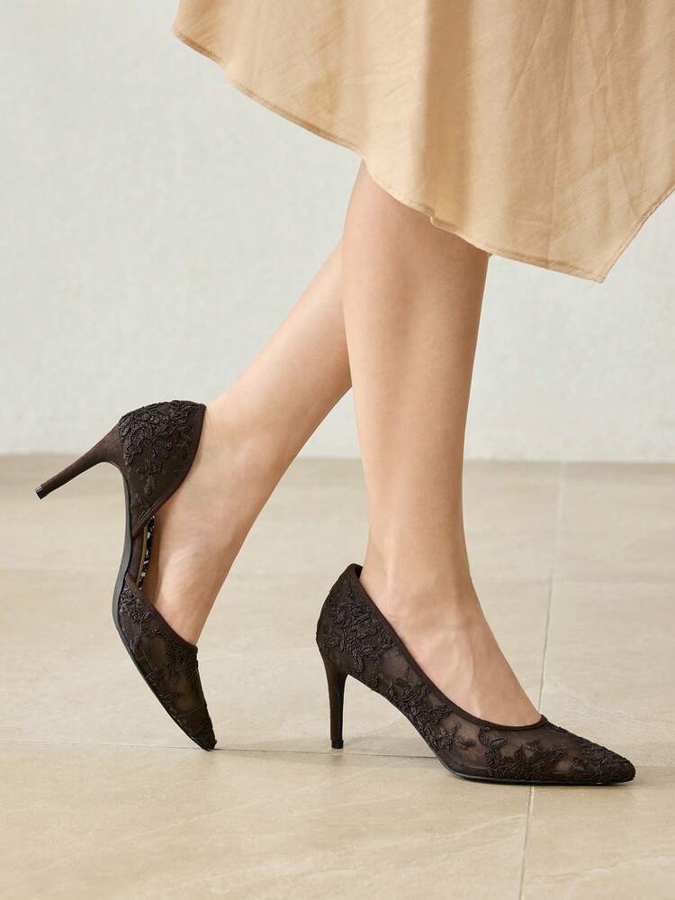 LACE MESH POINTED TOE STILETTO HIGH HEEL PUMPS VALENTINE'S DAY SPRING SHOES