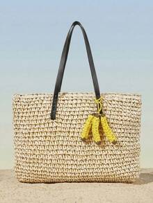 Viva Strut 女士草编手提包，草编手提袋，个性化，简约，百搭，街头风，甜美酷女孩，性感女孩，适合海滩、度假、假日、夏季、海边、沙滩派对 - 卡其色 - 查看 1
