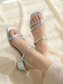 Wide Heel Sandals With Thin Straps And Square Toe - Silver - View 2