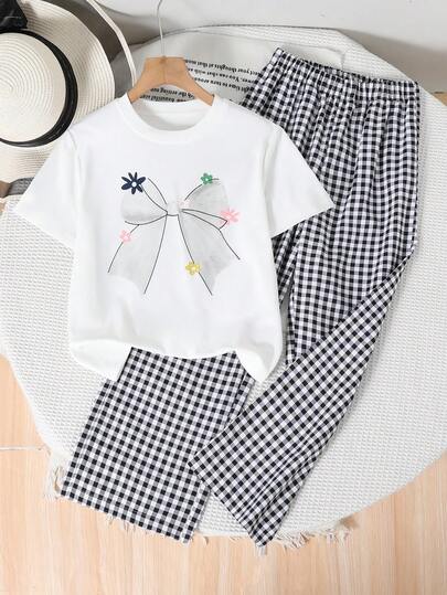 两件套少女夏季甜美蝴蝶印花圆领T恤和休闲格子裤套装，适合日常穿着和户外活动