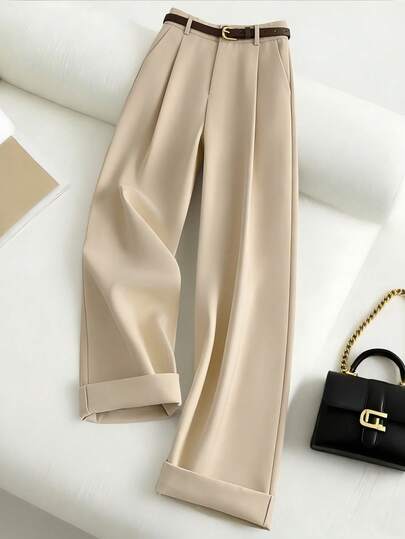 Franclia 时尚休闲百搭通勤卡其色女裤，春夏款，直筒宽松长裤，休闲女装，百搭日常休闲装，都市教师工作服，纯色百搭休闲裤，春季裤装，西装面料裤