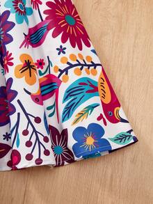 Tween Girl Fuchsia Patchwork Colorful Floral & Bird Print Cap Sleeve Waist Fit Flare Dress - Multicolor - View 5
