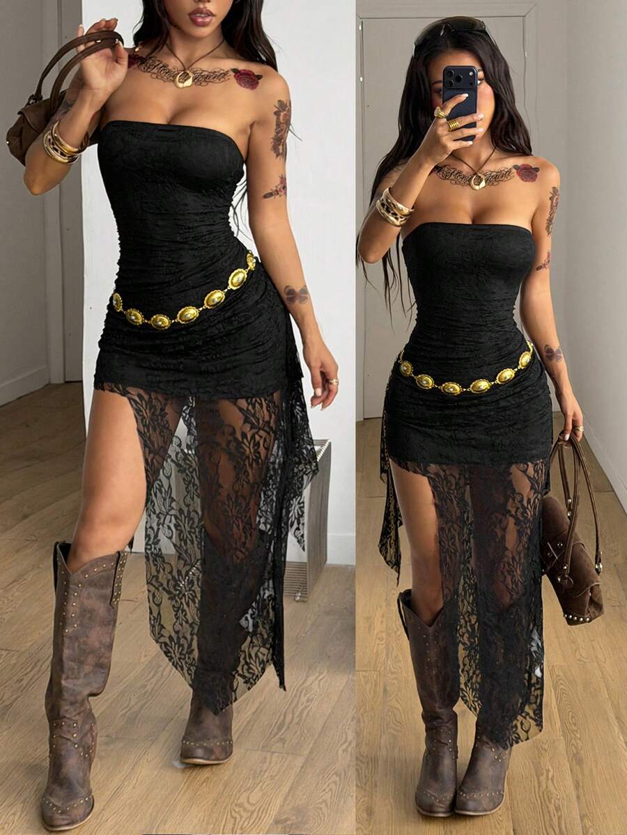 Coolane Women's Summer Streetwear Y2K Chic Date Night Vacation  Music Festival Club Outfits Sexy Lace Concert Music Festival Sleeveless Asymmetrical Dress - Black - View 1