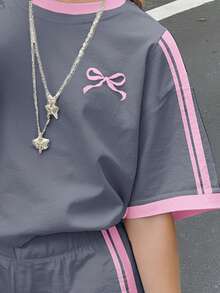 2pcs/Set Tween Girls' Casual Minimalist Blue, Mini Bow Pattern, Contrast Cream Pink Stripe Short Sleeve Round Neck T-Shirt And Shorts Set, Suitable For Summer, Autumn Outfits Easy Comfort, Autumn Layers For Kids, Stylish Girls, Casual Wear, Kids Graphic Clothes, Back To School, Fall Clothes, Homecoming Zoey Outfit Cute Set Kawaii Outfit E Girl Clothes Girl Clothes - Multicolor - View 4