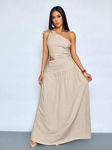 SOLERSUN 女士休闲度假风亚麻条纹露肩镂空长裙，复古美学 - 棕色 - 查看 6