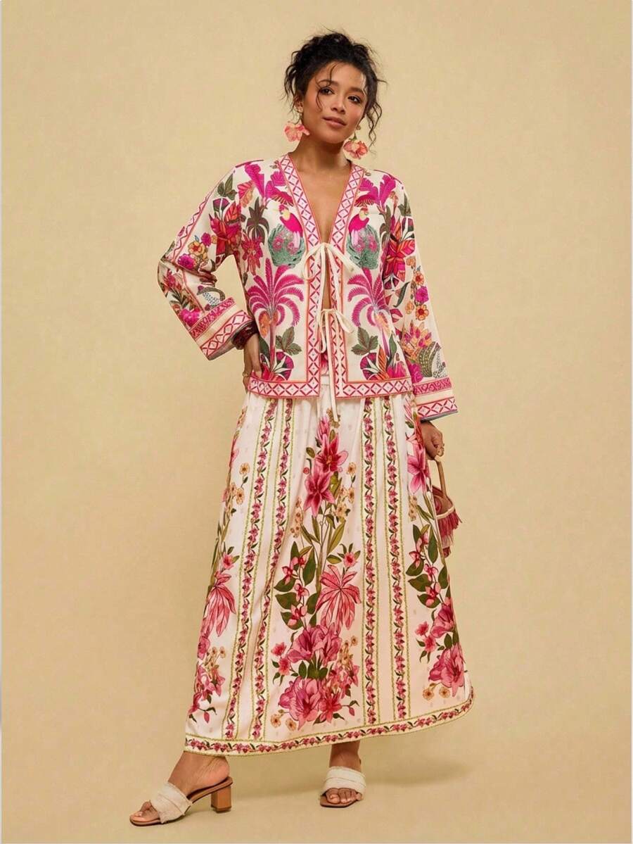 Travachic 复古印花系带休闲大码女式衬衫 波西米亚风女式衬衫 夏季真丝女式衬衫 夏季Anthropologie女装 舒适秋冬女装 优雅粉色上衣