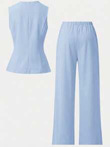 Girlism Teen Girls Sleeveless Top And Pants Set, Metal Button Closure, Elegant Retro Style,Kids - Baby Blue - View 9