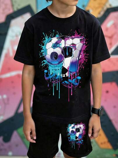 1 Set Tween Boy Casual Comfortable Fashion Minimalist Versatile Creative Colorful Graffiti Football & Number "67" Letter Print Basic Short Sleeve T-Shirt & Shorts 2-Piece Outfit, Suitable For Boys Outdoor Sports