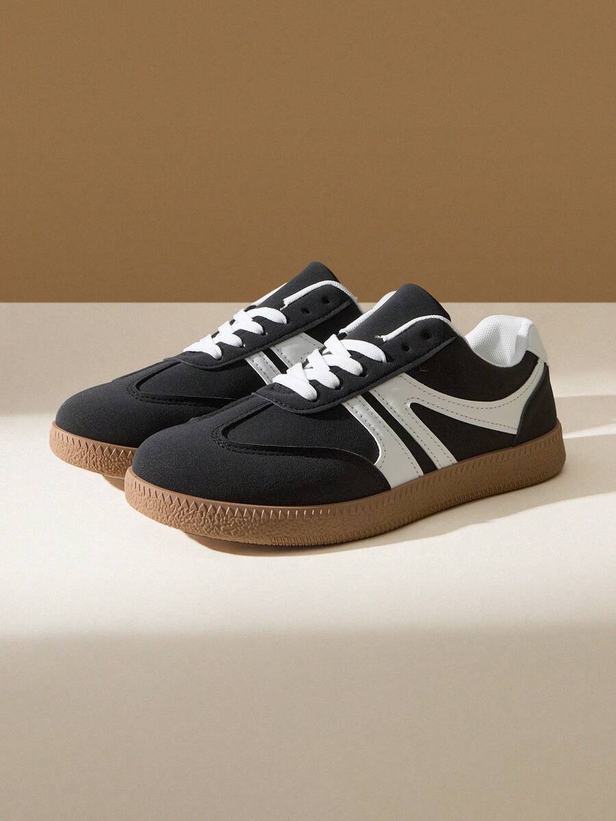 CUCCOO EASI Women Shoes Lace-Up Splicing Design Round Toe Flat Bottom Sports Casual Shoes Simple And Comfortable PU Leather Black And White Color Matching Casual Sneakers Daily Outdoor Sports Casual - Black and White - View 1