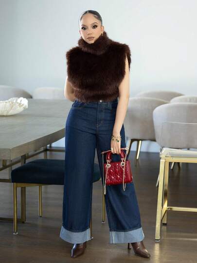Melissa Matos Siren Gaze Women's Burgundy Red And Brown Fur Turtleneck Top Winter Top Casual Solid Color Faux Fur Sleeveless Cropped High Neck Women Top
