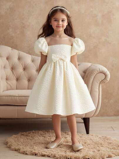 SHEIN Glamorique Kids Young Girl Princess Dress, Suitable For Birthday Party, Wedding, Holiday, Prom, Bowknot Decor Floral Jacquard Dress Kids Jacquard Dresses