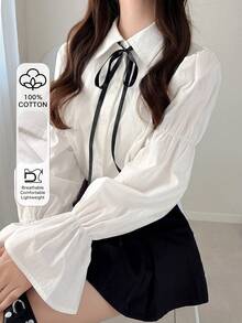 FRIFUL Blusa holgada y versátil de manga larga con contraste de color para mujer, ideal para primavera/verano - Blanco - Ver 8