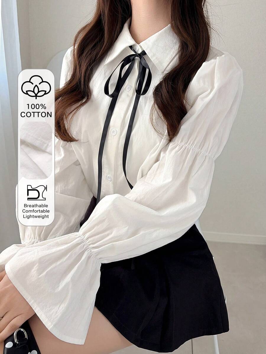 FRIFUL Women's Spring/Summer 100% Cotton Contrast Color Drawstring Long Sleeve Loose Casual Versatile Shirt - White - View 1