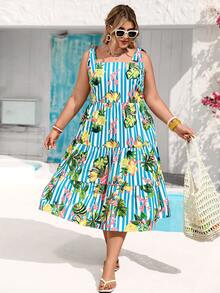 Vivid Eden Plus Size Women's Holiday Dress, Summer Boho Vacation Tropical Fruit Floral Print Tiered Midi Dress, Square Neck Tie Shoulder Sundress Party - Blue and White - View 3