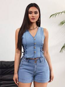 Rivivi 女士夏季休闲交叉无袖牛仔衬衫 - 藍色 - 查看 4